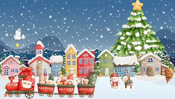 Tegnet julelandsby med kæmpe juletræ i baggrunden, og julemanden, der kører rundt i byen med tog